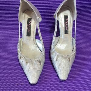 Nina Silver Rhinestone-Trim Pointed Slingback Heels